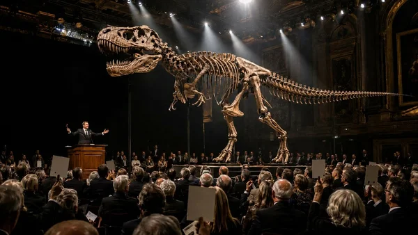 Gus le T-Rex mis aux enchères chez Sotheby's à New York, une scène de la vente record.
