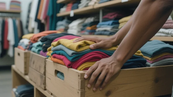 Plan serré sur des mains fouillant une caisse en bois remplie de vêtements pliés dans une friperie, ambiance chaleureuse et authentique, on devine des étagères chargées derrière
