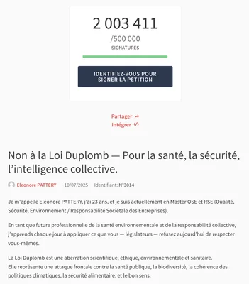Pétition 'Non à la Loi Duplomb' ayant recueilli plus de deux millions de signatures sur le site de l'Assemblée nationale, présentée par Éléonore Pattery.
