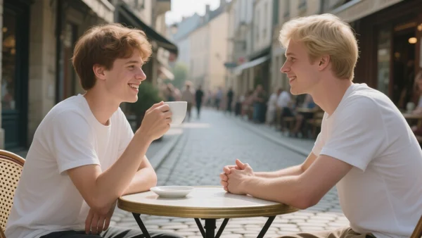 Jeune homme assis à une table de terrasse avec un inconnu, tenant un café et souriant, dans une rue piétonne animée d'une petite ville française, ambiance chaleureuse et spontanée, cadrage serré sur les deux visages en conversation