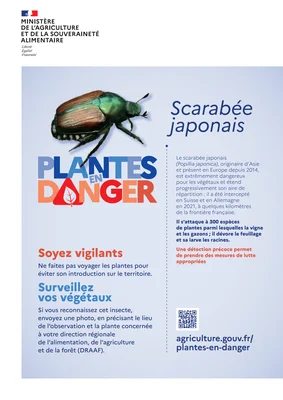 Affiche de la campagne 'Plantes en danger' alertant sur le scarabée japonais.