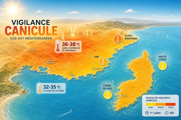 Carte de vigilance canicule pour le Sud-Est de la France, indiquant les départements en alerte orange.