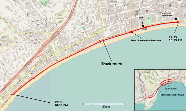 Carte de l'attentat du 14 juillet 2016 à Nice : trajet du camion sur la promenade des Anglais.