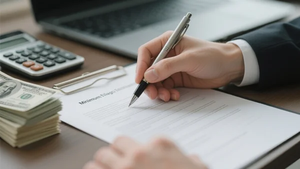 Gros plan sur la main d'un salarié signant un contrat de travail sur un bureau, avec une calculatrice et des billets de banque à côté, traduisant l'impact économique d'une hausse du Smic sur l'emploi
