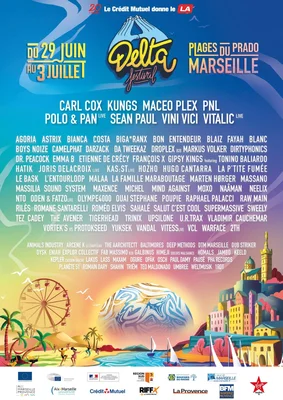 Affiche promotionnelle du Delta Festival 2022, illustrant la plage et la grande roue, avec la programmation artistique.