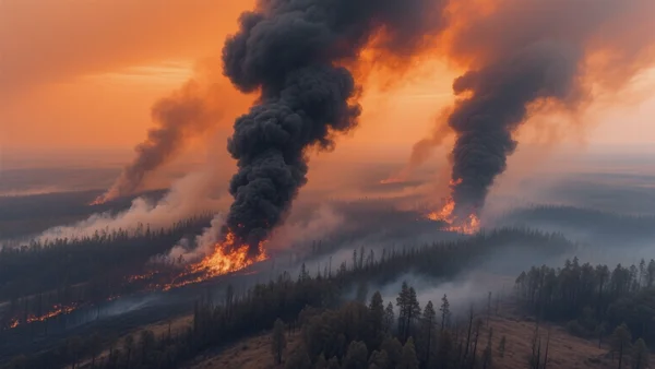 Vue aérienne d'une vaste forêt en flammes, avec des colonnes de fumée noire s'élevant dans un ciel orange, des arbres calcinés au premier plan et un horizon de cendres, évoquant l'ampleur dévastatrice des incendies de l'été 2026.