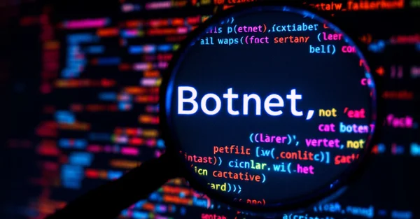 Loupe grossissant le mot « Botnet » sur un écran de code, symbole de l’enquête sur le vaste réseau zombie.