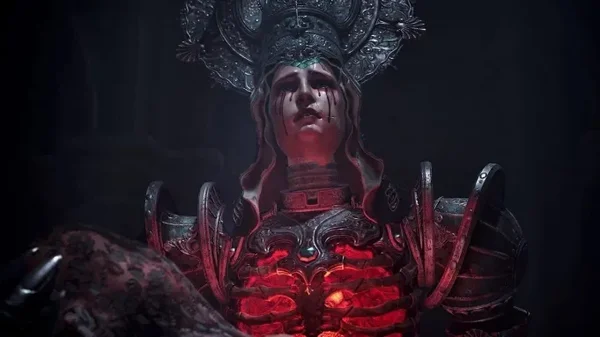 Personnage féminin de Crisol: Theater of Idols, avec une coiffe argentée et une armure à cage thoracique lumineuse.