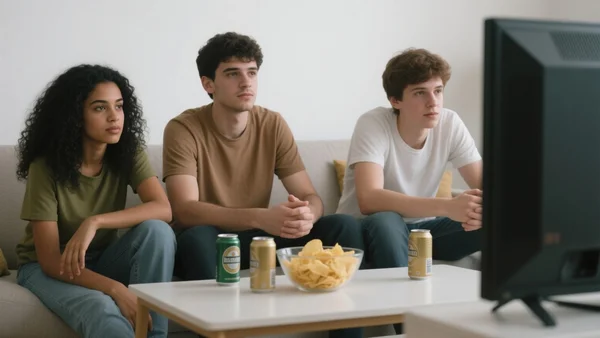 Gros plan sur un groupe de jeunes adultes réunis dans un salon, assis sur un canapé, regardant un écran de télévision, des canettes de bière et un bol de chips sur la table basse, ambiance conviviale et décontractée.