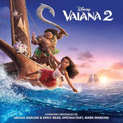 Affiche promotionnelle de Vaiana 2 montrant Vaiana et Maui en bateau sur l'océan.