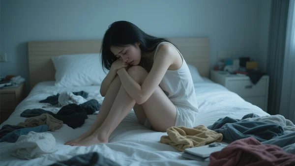Jeune femme assise seule sur son lit en position fœtale, visage enfoui dans les mains, chambre en désordre, lumière tamisée, composition centrée sur la détresse