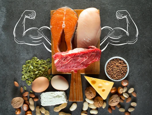 Aliments riches en protéines : viandes, poissons, œufs, fromage, noix et légumineuses.
