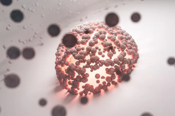 Illustration 3D d'une structure cellulaire ou virale sphérique avec particules texturées et lumière interne, dans un environnement blanc.