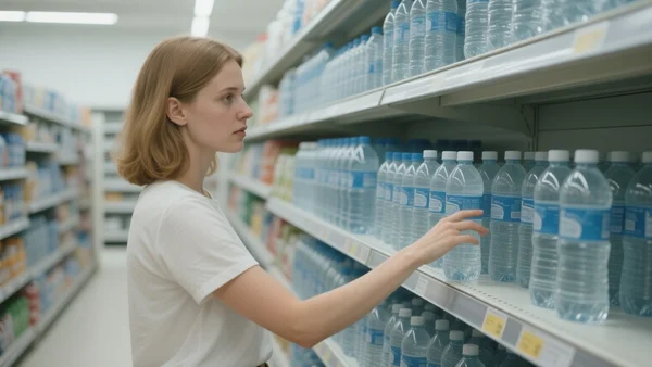Rayon d'un supermarché en été, avec des packs de bouteilles d'eau en plastique sur les étagères, un client tend la main vers un pack, ambiance de grande surface climatisée
