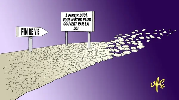 Caricature illustrant la fragilité de la couverture légale en fin de vie, avec une route qui s'effondre.
