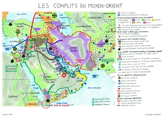Carte infographique des conflits du Moyen-Orient montrant les tensions géopolitiques et les zones militaires.