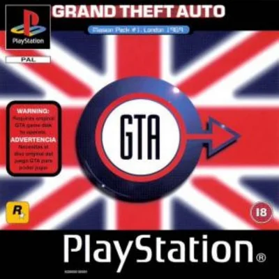 Couverture PlayStation de Grand Theft Auto: London 1969, sur fond de drapeau britannique.