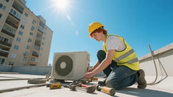 Jeune ouvrier en tenue de chantier, casque de sécurité vissé sur la tête, installant un climatiseur sur le toit d'un immeuble résidentiel en été, ciel bleu vif, vue en contre-plongée depuis le côté, l'image doit montrer l'activité concrète liée à la canicule et transmettre une impression de travail dynamique et saisonnier.