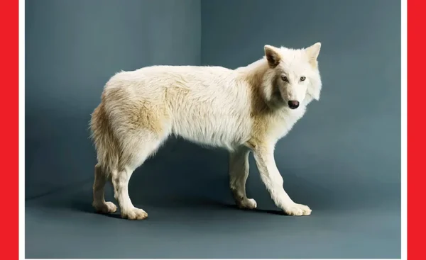 Loup blanc photographié en studio, illustrant les espèces étudiées par Colossal Biosciences.