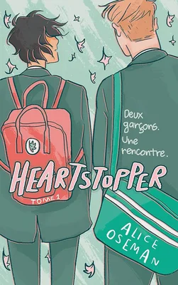 Illustration de la couverture de Heartstopper Tome 1, avec deux garçons vus de dos et des feuilles volantes.