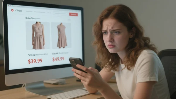 Jeune femme regardant son téléphone avec une expression frustrée, devant un écran d'ordinateur affichant une page de boutique en ligne avec un article en taille 44 affiché à un prix plus élevé que le même article en taille 36. L'image doit illustrer la découverte de la 'fat tax' par une cliente, avec un ton de désillusion et d'injustice.