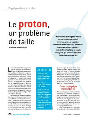 Article du magazine Pour la Science (mai 2014) intitulé 'Le proton, un problème de taille'.