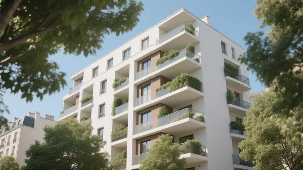 Façade d'un immeuble résidentiel moderne dans le 13e arrondissement de Paris, quartier Olympiades, avec des balcons et des arbres en premier plan, vue de rue en contre-plongée, ambiance calme et résidentielle pour montrer les quartiers périphériques où se trouvent les nouveaux logements abordables.