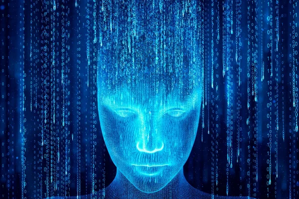 Illustration conceptuelle du profilage algorithmique, représenté par un visage fait de code binaire.