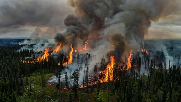 Vue aérienne d'un incendie de forêt massif en Ontario, où plus de 200 feux sont hors de contrôle.