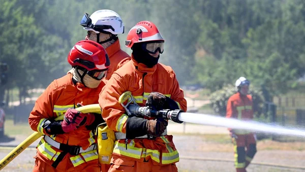 Pompiers en action avec une lance à incendie.