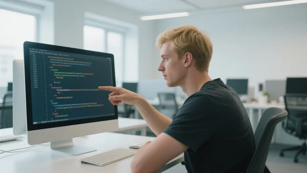 Un développeur concentré devant un écran affichant du code TypeScript, doigt pointant une ligne de code typée, dans un espace de coworking moderne et lumineux