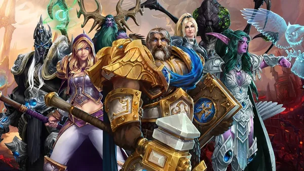 Groupe de héros de Heroes of the Storm, humains et elfes en armure, prêts au combat avec des armes et de la magie.