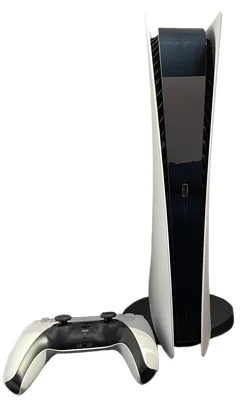La PlayStation 5 Digital Edition, modèle sans lecteur de disque, présentée verticalement avec sa manette DualSense.