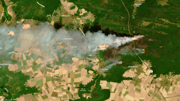 Image satellite de l'incendie de la forêt de Fontainebleau, avec des panaches de fumée.