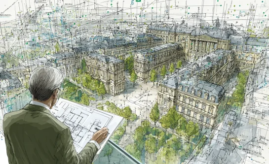 Illustration conceptuelle d'un gestionnaire immobilier devant des plans, évoquant la réorganisation du patrimoine de l'État.