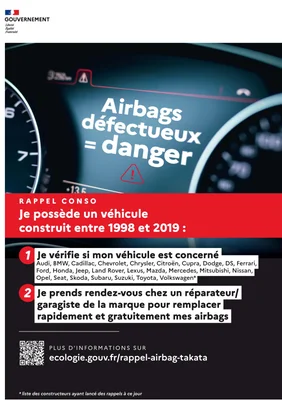 Affiche gouvernementale française : alerte sur les airbags défectueux dans les véhicules de 1998 à 2019.