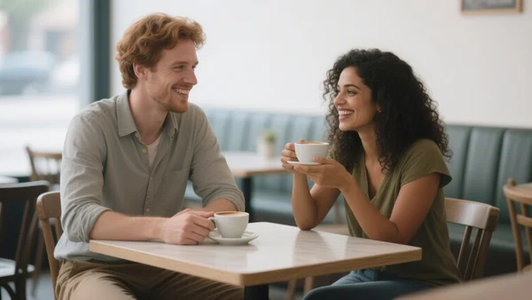 Un homme et une femme d'une trentaine d'années sont assis face à face à une table de café, riant et discutant, leurs tasses de café posées devant eux. Vue en plan américain, l'ambiance est chaleureuse et détendue, l'image doit transmettre la complicité et la joie d'une amitié sincère et platonique.