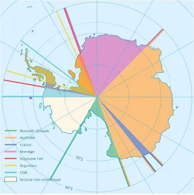 Carte des revendications territoriales en Antarctique selon le Traité sur l'Antarctique, une gouvernance unique pour l'environnement et la science.