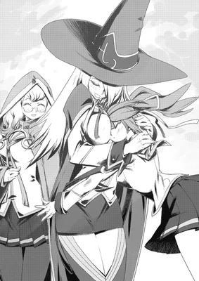 Illustration manga de Trinity Glassfille (au centre avec un chapeau de sorcière) et deux autres personnages de BlazBlue.