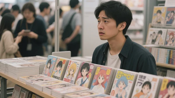 Gros plan sur un petit éditeur de mangas debout derrière une table de stand, regardant les visiteurs passer, expression soucieuse, avec des exemplaires de mangas disposés devant lui