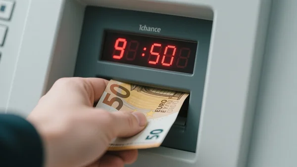 Gros plan sur une main retirant des billets de 50 euros d'un distributeur automatique, l'écran affichant un solde en baisse. L'image doit communiquer la sensation de retrait massif et d'hémorragie financière, avec un ton inquiétant.