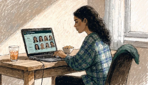 Femme assise devant un ordinateur portable, l'écran affiche une galerie de profils de donneurs, vue de côté, expression concentrée, ambiance intime et sérieuse