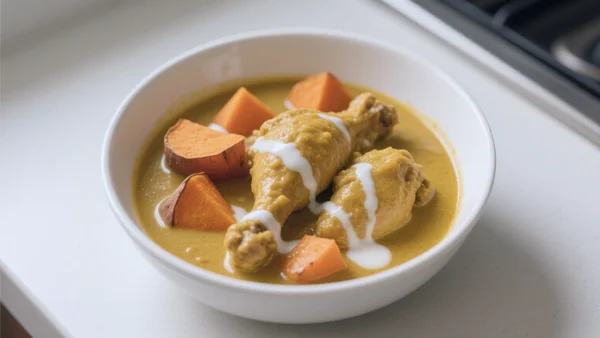 Blanc de poulet au curry dans un bol en céramique, accompagné de morceaux de patate douce, le tout nappé de lait de coco, vue en plongée rapprochée, mettant en valeur les couleurs et la texture du plat dans un cadre de cuisine simple