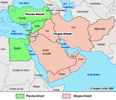 Carte montrant la différence entre Proche-Orient (vert) et Moyen-Orient (orange).