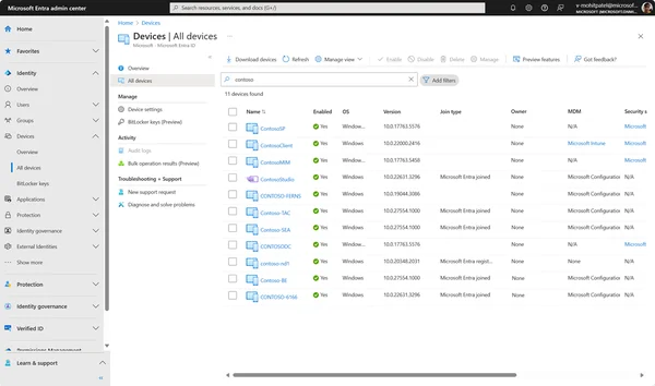 Interface Microsoft Entra ID listant les appareils avec leurs identifiants.