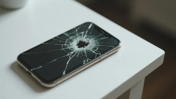 Un téléphone portable posé sur une table, l'écran éteint et fissuré, évoquant l'échec et l'abandon d'un projet de jeu vidéo. Composition rapprochée, centrée sur l'écran. Intention éditoriale : illustrer la mort d'un rêve mobile, ton mélancolique et définitif.