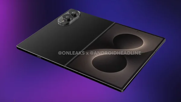 Rendu du Galaxy Z Fold 8 Wide dans un format pliable partiellement ouvert.