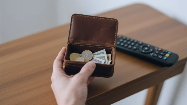 Plan serré sur une main tenant un porte-monnaie ouvert avec quelques pièces et billets, posé sur une table en bois, à côté d'une télécommande de télévision. L'image doit évoquer le pouvoir d'achat et l'impact des prix sur le consommateur, avec un ton sobre et concret.