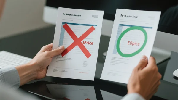 Deux mains tenant deux fiches de devis d'assurance auto côte à côte, l'une avec un prix bas barré d'une croix rouge, l'autre avec un prix plus élevé entouré en vert, plan serré sur les documents sur un bureau, ambiance de comparaison réfléchie, intention éditoriale : illustrer l'étape clé de la comparaison des offres avant de signer.