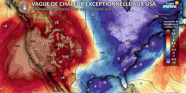 Carte des anomalies de température aux États-Unis, avec une vague de chaleur à l'ouest et du froid à l'est.